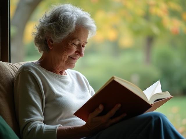 A person comfortably reading a physical book outdoors, perhaps under a tree or by a window, with warm lighting and a sense of peaceful focus.