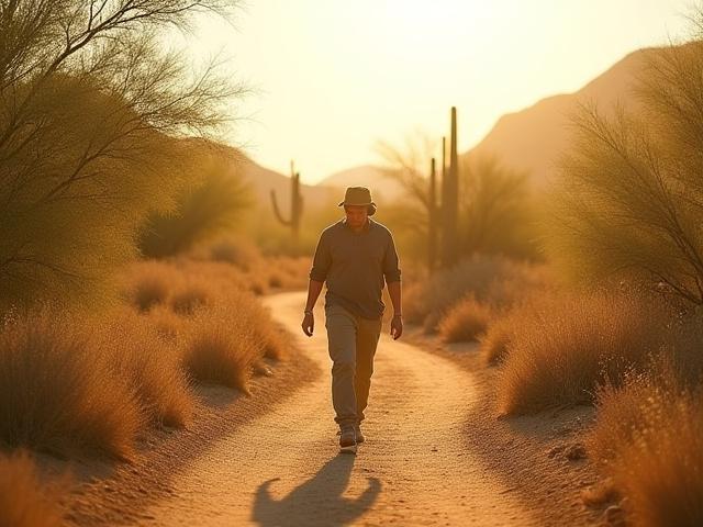 An adult walking on a serene, natural path in a desert or forest landscape, with sunlight filtering through trees, promoting a sense of calm and movement.