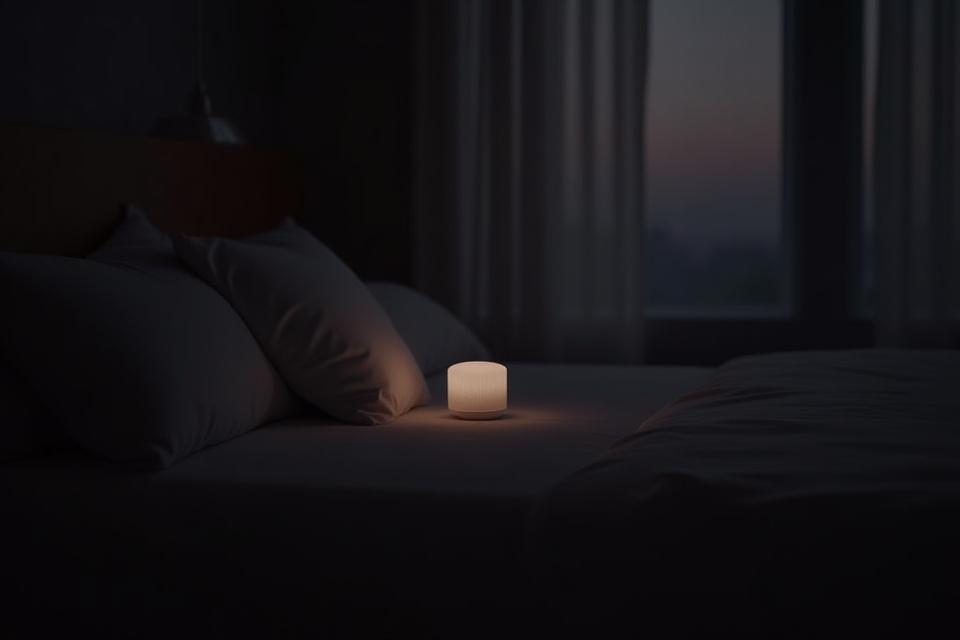 A serene, dark bedroom with soft ambient lighting, a neatly made bed, and a digital sleep tracker device on a minimalist nightstand, illustrating sleep optimization.